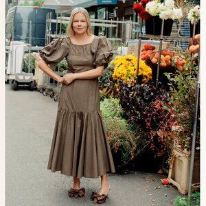 NEW Loeffler Randall Ran Brown Check Puff Sleeve Dress